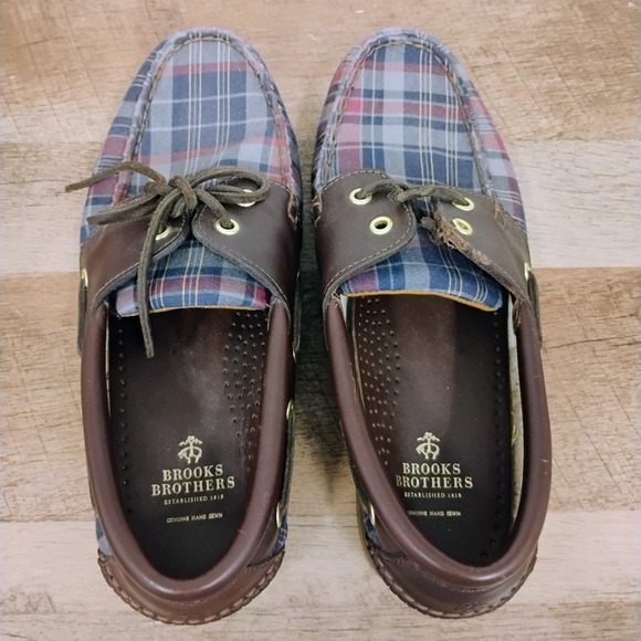 Brooks Brothers Mens Size 8 D Boat Shoes Blue Red Plaid Brown Leather‎ Loafers - Picture 4 of 12